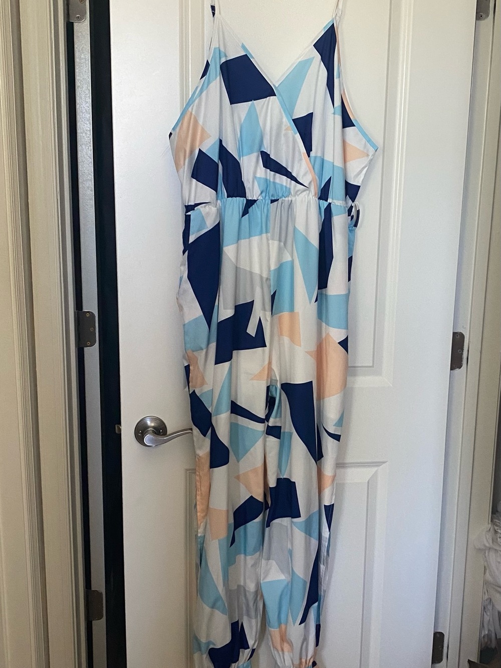 SHEIN Geometric Print Spaghetti Strap Jumpsuit - Blue, Peach, White